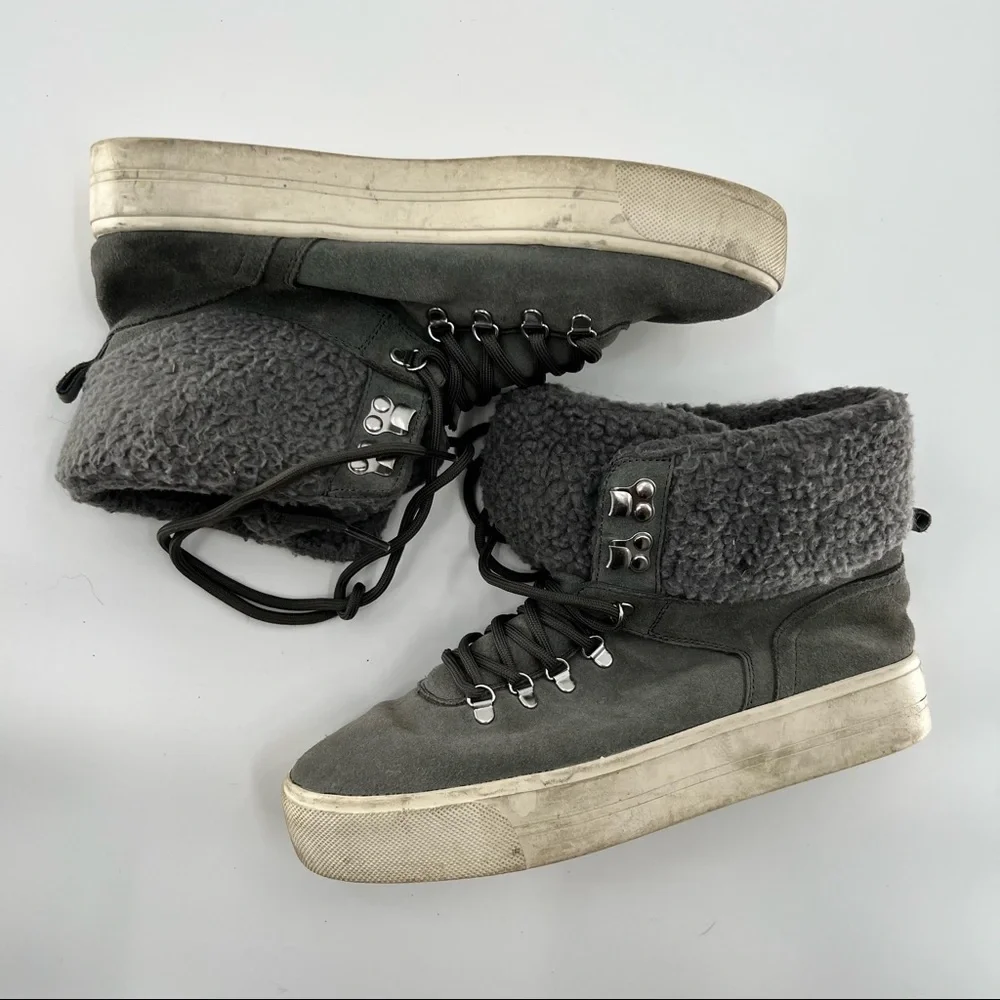 Marc Fisher Darlen grey white leather faux fur upper athletic shoes lace up 9M